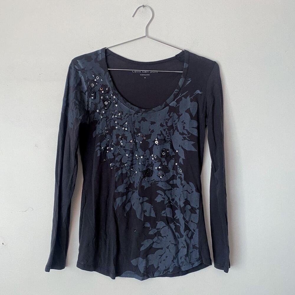 Y2K Thin Grey Cotton Sequined Long Sleeve Women's XS Vintage